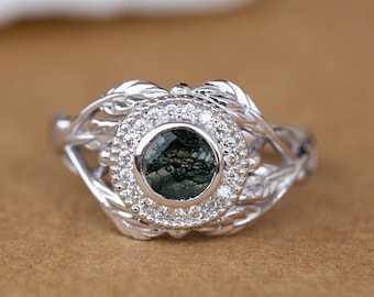 Bague de fiançailles Moss Agate et Diamond Halo, bague de branche avec diamants, bague de fiançailles halo, bague de brindille d'or inspirée de la nature, unique en son genre