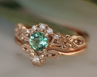 Clover leaf ring, rose gold bridal ring set, mint tourmaline ring, nature engagement ring, leaf engagement ring, leaves ring, stacking rings