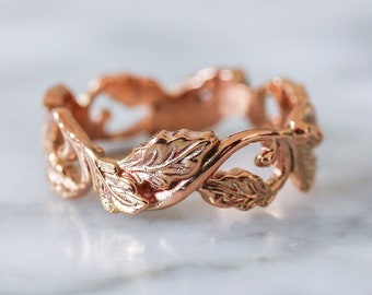 Nature wedding band for woman, oak leaf ring, swirls ring, eternity band, leaves ring, tree ring, unique ring, jewelry gift for her, acorn