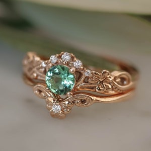 Kleeblatt Ring, Roségold-Brautring, Mint-Turmalinring, Natur-Verlobungsring, Blatt-Verlobungsring, Blätterring, Stapelringe