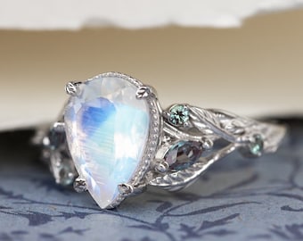 Moonstone Engagement Ring, Engagement Ring Set with Accent Alexandrites, White gold Fantasy Botanical Ring , 14k or 18k Gold