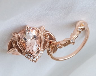 1.8 ct Peach Morganite Engagement Ring set, Nature inspired Ornate Pear Morganite Ring with Diamonds and Leaf Wedding Band, 14K or 18K gold