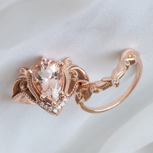 1.8 ct Peach Morganite Engagement Ring set, Nature inspired Ornate Pear Morganite Ring with Diamonds and Leaf Wedding Band, 14K or 18K gold