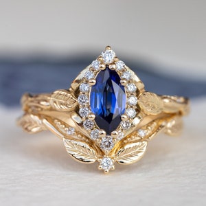 Marquise cut Sapphire and Diamond Halo Gold Engagement Ring and Leafy Contour Wedding band for Women in 14k or 18K Gold, 2 pcs Bridal Set