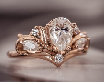 White Sapphire Baroque inspired Engagement Ring, Fantasy Engagement ring with Pear shaped White sapphire in 14K or 18K Solid Gold