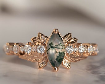 Marquise Cut Moss Agate Rose Gold Engagement Ring, Diamond Band with Gold Leaves, Nature Inspired One of a Kind Moss Agate Ring in 14K Gold