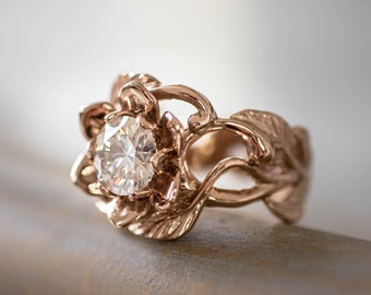 1ct moissanite engagement ring, rose gold flower ring, 14K gold ring, wedding ring for woman, manmade diamond, art nouveau ring, rose flower
