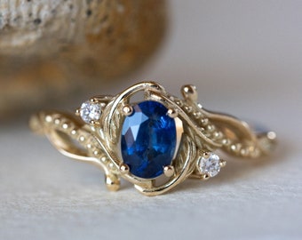 Natural Blue Sapphire & Diamonds Engagement Ring, Vintage Style Ring, Gold Leaf Ring for Bride, Art Nouveau Ring, Unique Design Ring