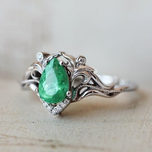 Natural emerald and diamonds ring, unique engagement ring, vintage wedding, leaves ring, moissanite ring, art nouveau ring, ring for woman image 1