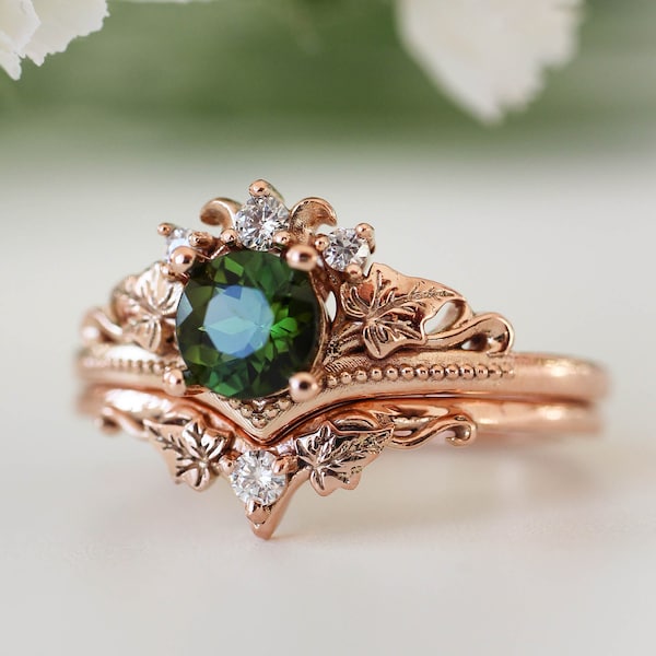 Conjunto de anillo de compromiso de la naturaleza, anillo de turmalina verde, conjunto de novia con diamantes, anillo de bodas de oro rosa, anillo de hojas, regalo para ella, anillo de hiedra