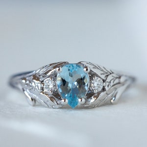 Aquamarine Engagement Ring, White Gold Leaf Ring, Diamond Branch Ring, Leaves and Vines Engagement ring with accent Diamonds ring