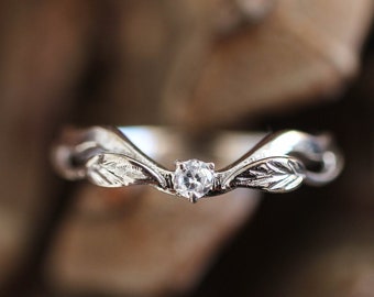 Matching wedding band with diamond, white gold leaves ring, leaf ring, ring for woman, handmade engagement ring, diamond branch ring