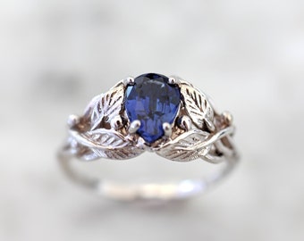 Sapphire engagement ring, white gold ring for woman, leaves ring, nature wedding ring, pear cut gemstone, teardrop ring, vine ring, 14K, 18K