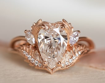 Lab Grown Diamond Rose Gold Engagement Ring, Unique Engagement Ring for Bride, Gold Leaves and 1.5 carat Lab Grown Diamonds Ring