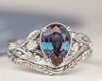 2.3 ct Pear Alexandrite Bridal Ring set, White Gold Twig Leaves Bridal Ring set with marquise diamonds, Nature Inspired Stacking Rings