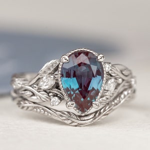 2.3 ct Pear Alexandrite Bridal Ring set, White Gold Twig Leaves Bridal Ring set with marquise diamonds, Nature Inspired Stacking Rings