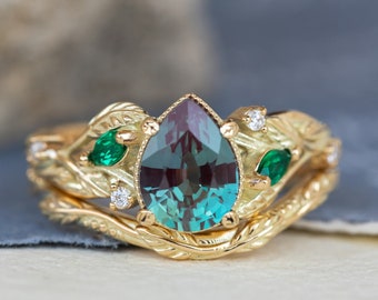 Ethical Bridal Ring Set - lab Alexandrite, lab Emeralds and manmade Moissanites Engagement Ring and Nature Inspired Curved Twig Ring