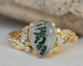 Big Pear Moss Agate Engagement ring with Marquise Diamond leaves, Nature inspired Moss Agate Ring for Elven engagement, 14k or 18k Gold