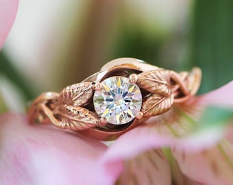 Nature Engagement Ring, Moissanite Rose Gold Ring, Wedding Band Women's, Leaf Ring, Moissanite Engagement Ring