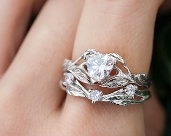 Moissanite bridal ring set, synthetic diamond engagement ring, nature wedding band, leaves ring, trillion cut, branch ring, gift for her