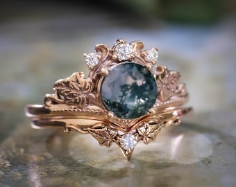 Round cut Moss Agate Ivy Ring Set for Alternative Engagement, Moss Agate Ring and Matching Ornate Gold Leaves Wedding Band with Diamonds