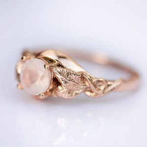 Rose quartz engagement ring, solid gold ring, leaves ring, ring for woman, unique ring, rose gold wedding band, romantic ring, nature ring image 10
