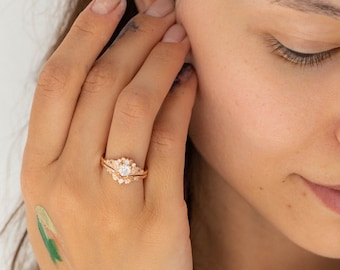 Lab grown Diamond Bridal Ring Set, Rose gold Ivy Leaves and Lab Diamonds Engagement, Fairy Bridal Diamond Rings in 14K or 18K Gold, Ethical