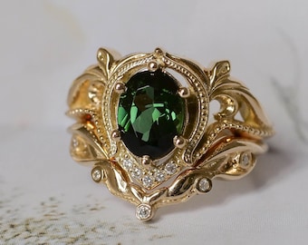 Green tourmaline engagement ring set, vintage style engagement ring, forest green ring, romantic engagement ring, rustic engagement ring set