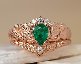 Oak leaf ring set - Pear Natural Emerald Engagement ring with Crown Halo & Diamond Wedding Band, Nature inspired rings in 14k or 18k Gold