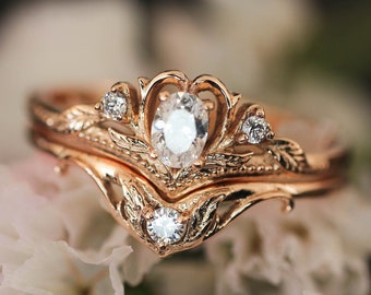Moissanite bruidsringset, hartenring, natuurtrouwband, synthetische diamantring, unieke ring, bladerenring, moissanite verlovingsring