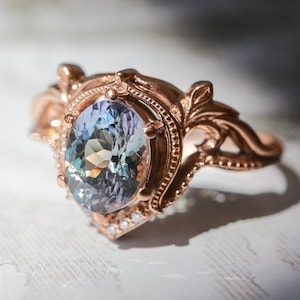 Tanzanite engagement ring, art nouveau ring, stacking ring, rose gold ring for woman, unique engagement, nature inspired ring, oval ring