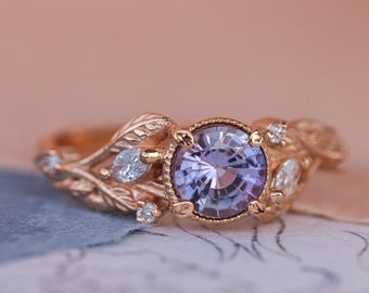 READY TO SHIP, Sizes 6-8 Us, Natural Purple Sapphire Engagement Ring with Marquise Diamonds Leaves, Rose Gold Nature inspired Ring for Bride