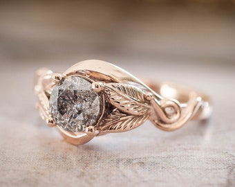 Salt & pepper diamond engagement ring, nature inspired ring, leaves ring, grey diamond ring, gold leaf ring, unique engagement, branch ring