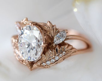 Oval moissanite engagement ring, leaves ring, moissanite ring, nature engagement ring, unique ring for woman, rose gold ring