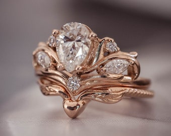 Ensemble de bagues de mariée Moissanite, bague en or rose, ensemble de bagues de mariage pour femmes, bague art nouveau, bagues empilables, bague de fiançailles inspirée de la nature