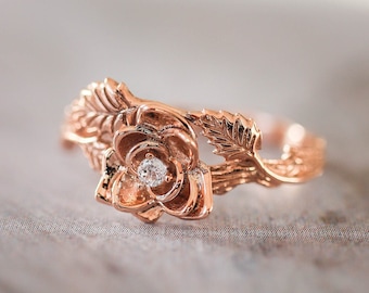 Rose ring with diamond, flower engagement ring, leaves ring, nature engagement ring, branch ring, rose gold ring, gift for woman, twig band