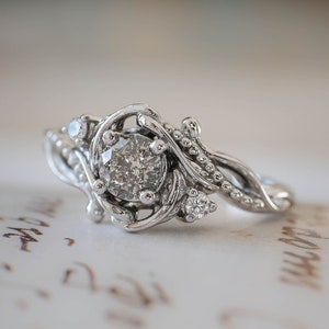 Unique salt & pepper diamond ring, nature inspired engagement ring, white gold ring, ring for women, vintage style ring, gold leaf ring, 14K