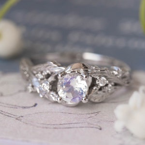 Moonstone Engagement ring in White Gold, Nature Inspired Ring with Leaves and Diamonds, Leaf Engagement Botanical ring, Twig Leaf Ring