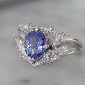Tanzanite ring, white gold engagement ring, natural tanzanite ring, romantic engagement ring, nature inspired engagement ring, leaves ring
