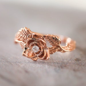 Rose ring with diamond, flower engagement ring, leaves ring, nature engagement ring, branch ring, rose gold ring, gift for woman, twig band