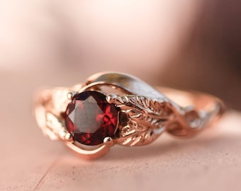 Rose gold garnet engagement ring, nature wedding band, leaves ring, gift for woman, unique engagement, January birthstone, branch ring