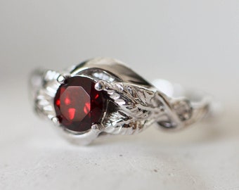 Garnet and leaves engagement ring, unique engagement ring, anniversary gift, elven ring, ring for woman, nature wedding ring, white gold