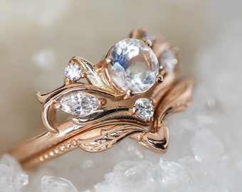 Moonstone bridal ring set, nature engagement ring, moonstone engagement ring, ring with diamonds, leaves ring, gift for her, heart ring