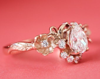 Moissanite Engagement Ring Floral Synthetic Diamond Ring Flower