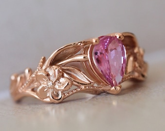 Pink sapphire engagement ring, art nouveau ring, gold flower ring for woman, unique engagement ring, anniversary gift for wife, nature ring