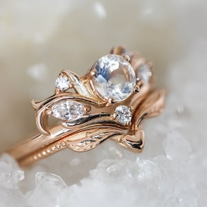 Moonstone bridal ring set, nature engagement ring, moonstone engagement ring, ring with diamonds, leaves ring, gift for her, heart ring image 1