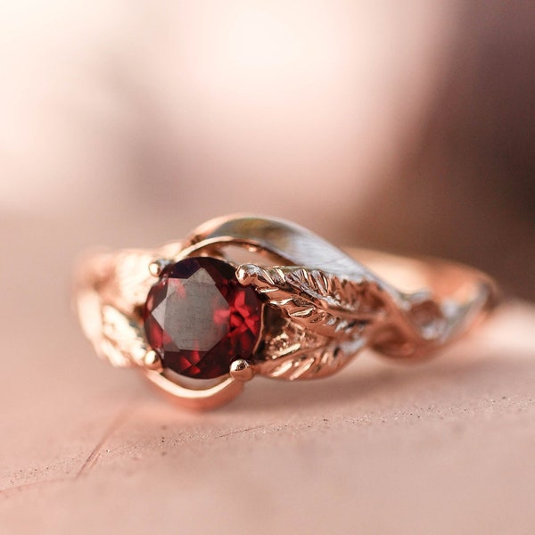 Rose gold garnet engagement ring, nature wedding band, leaves ring, gift for woman, unique engagement, January birthstone, branch ring