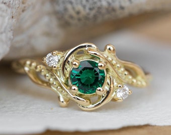 Lab Emerald Engagement Ring, Synthetic gemstone Ring, Elvish Bridal Ring ,14K or 18K gold, Anniversary Gift, Nature Inspired Ring