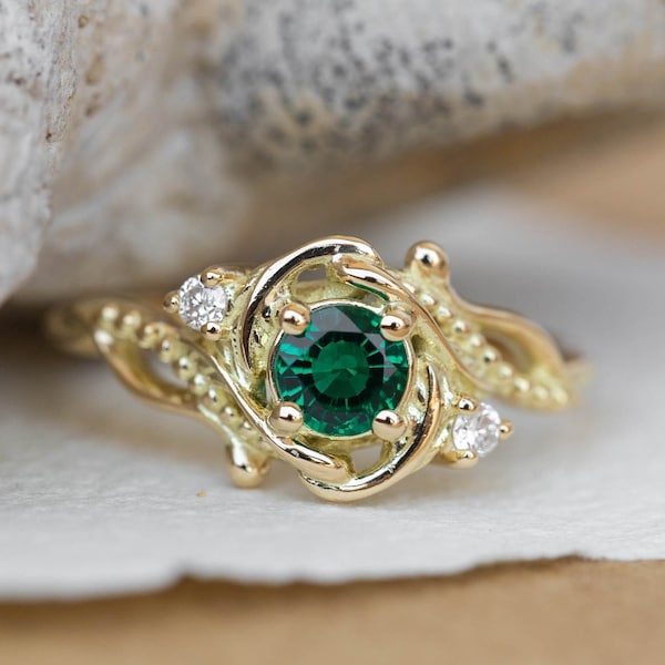 Lab Emerald Engagement Ring, Synthetic gemstone Ring, Elvish Bridal Ring ,14K or 18K gold, Anniversary Gift, Nature Inspired Ring