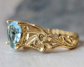 Aquamarine engagement ring, art nouveau ring, flower ring for woman, unique ring, 14K gold, anniversary gift for wife, nature engagement